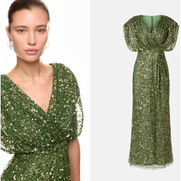 Mac Duggal Womens Draped Flutter Sleeve V-Neck Long Green Sequin Evening Gown 2 - Picture 1 of 11